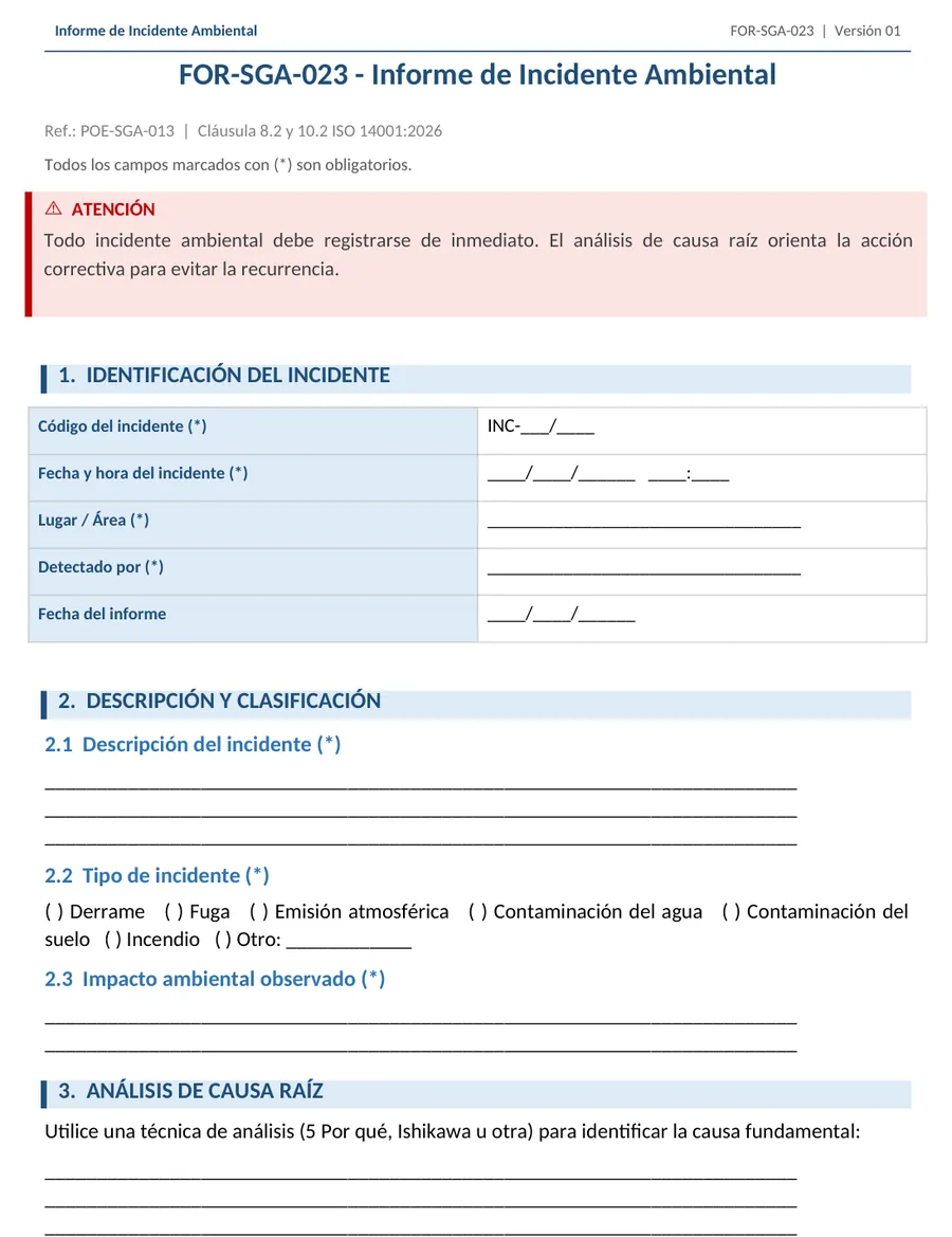 Fragmento real del archivo FOR-SGA-023 Informe de Incidente Ambiental (Word)